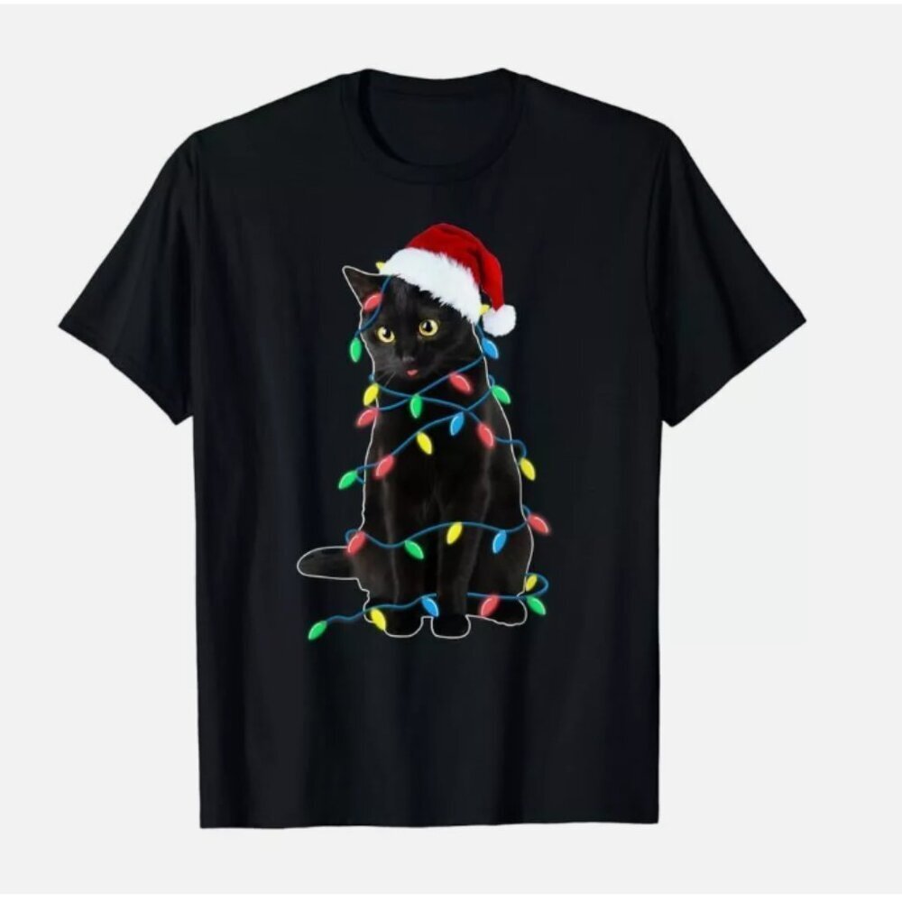 Black Cat Christmas Tree Lights Funny Santa Kitten LED Holiday T-Shirt